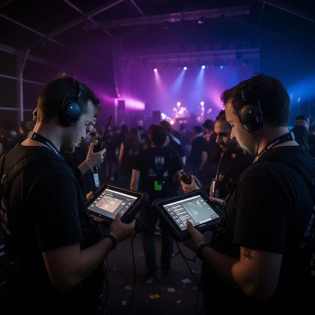 Operadores backstage con radios y tablets rugged