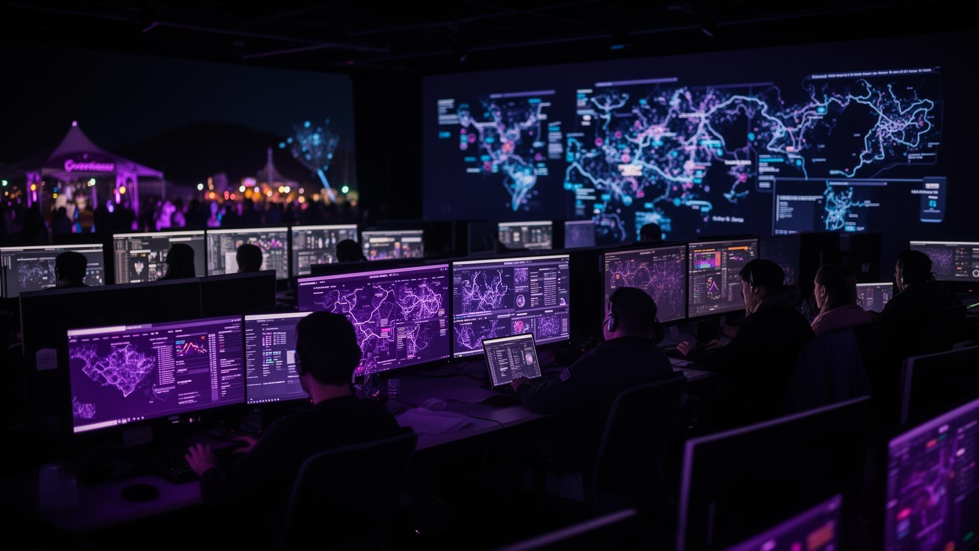 Centro de control operativo monitoreando un evento en tiempo real