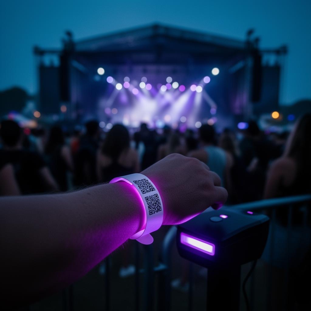 Escaneo de wristband con QR en acceso de festival